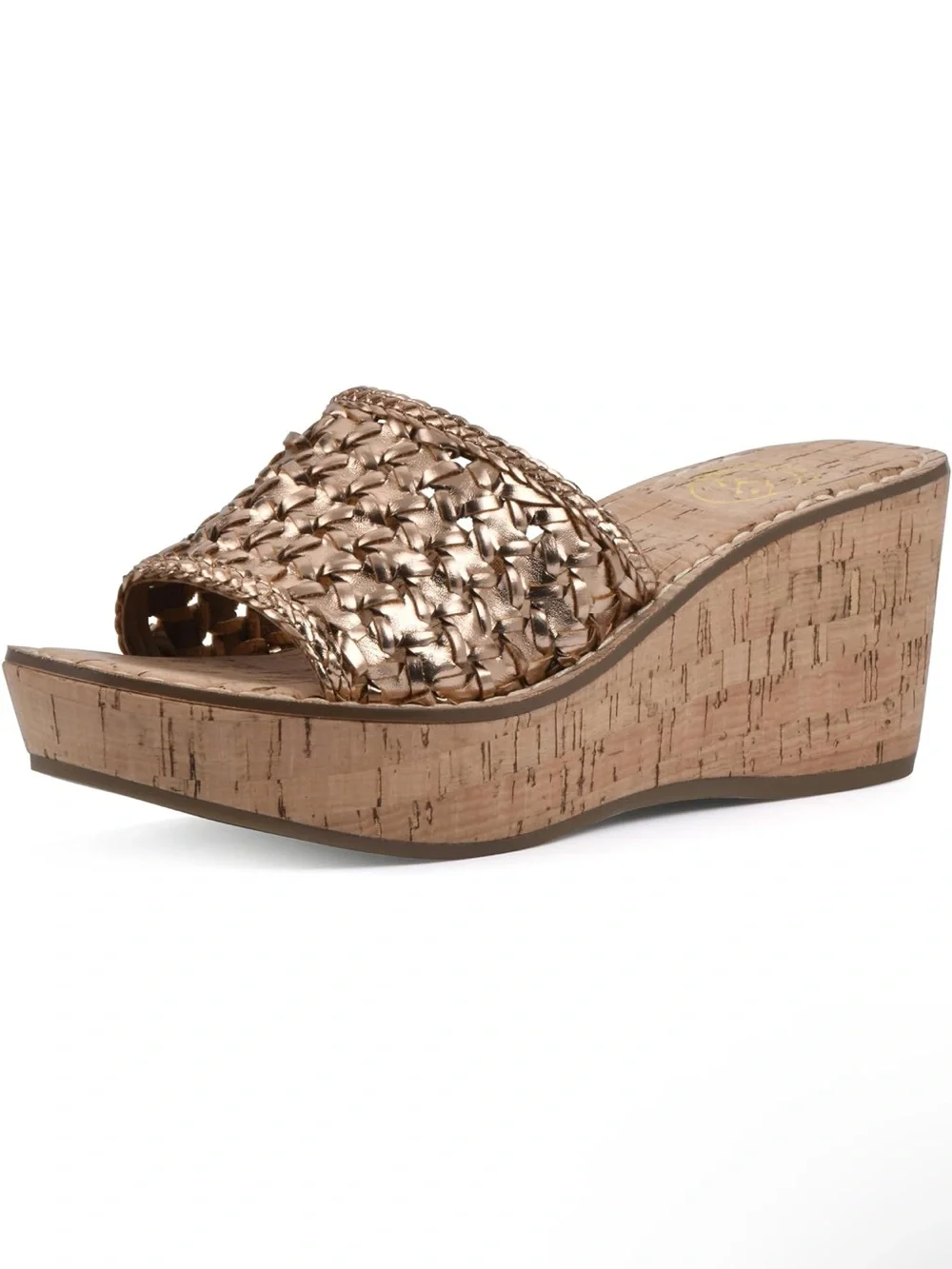 White Mountain Woven Metallic Cork Wedge Slide - Rose Gold